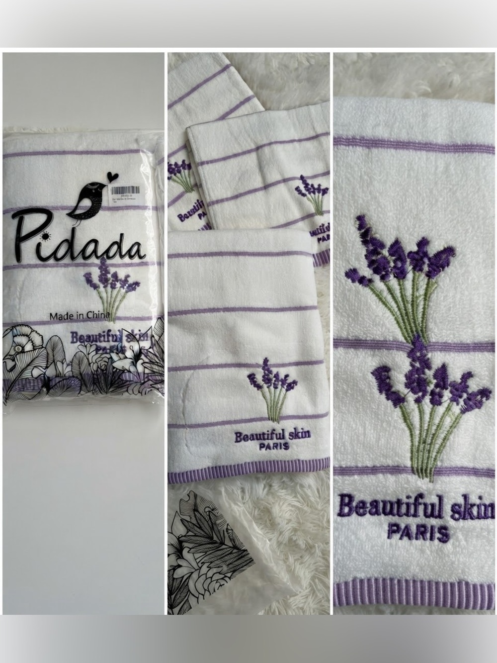 Pidada Bath Towel and 2 Hand Towels White with Purple Lavender NEW